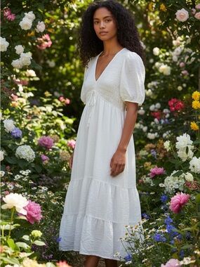 Taylor White Smocked Empire Waist Maxi Dress